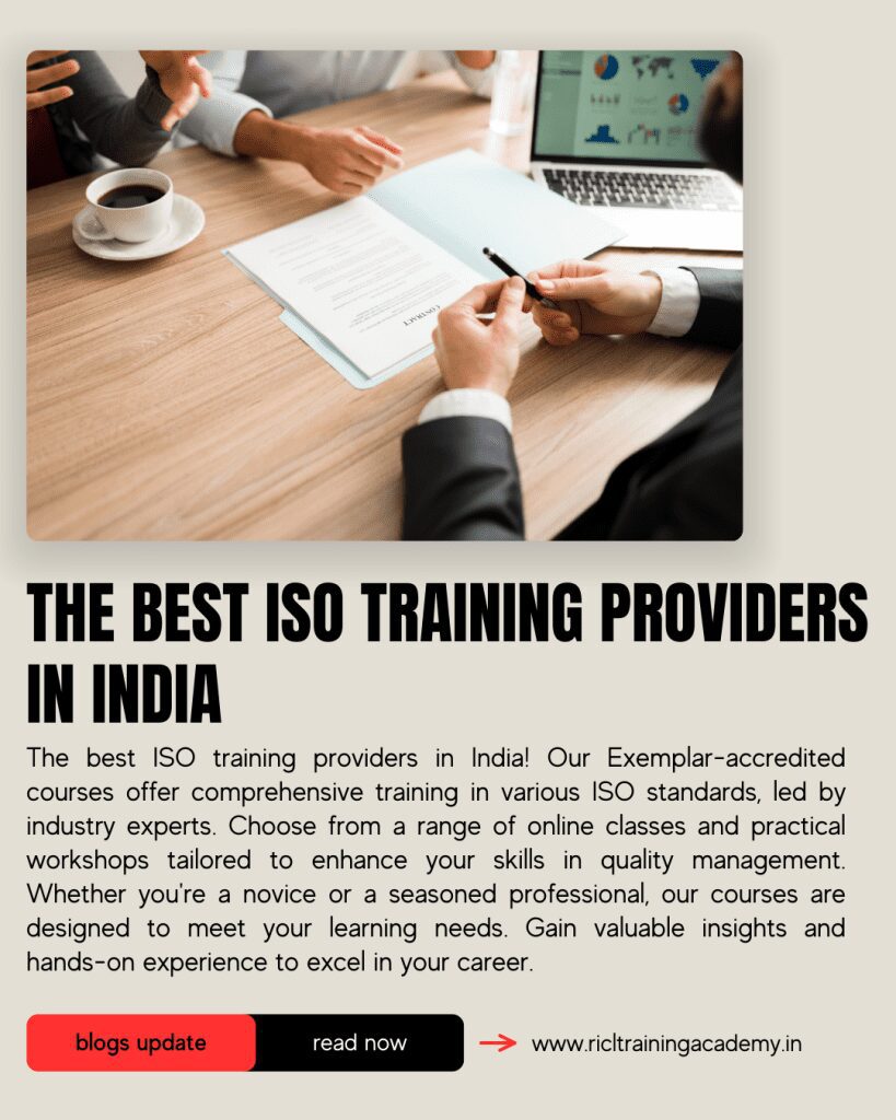 Image of a group of professionals participating in an ISO training session with logos of top ISO training providers in India visible RTA RICLTrainingAcademy RR
